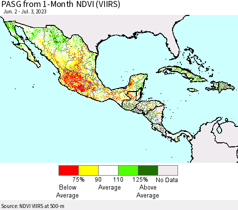 Mexico Central America and the Caribbean PASG from 1-Month NDVI (VIIRS) Thematic Map For 6/26/2023 - 7/3/2023
