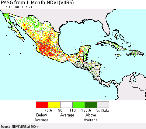 Mexico Central America and the Caribbean PASG from 1-Month NDVI (VIIRS) Thematic Map For 7/4/2023 - 7/11/2023
