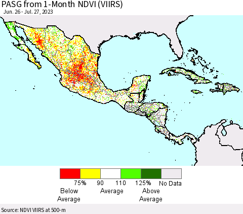Mexico Central America and the Caribbean PASG from 1-Month NDVI (VIIRS) Thematic Map For 7/20/2023 - 7/27/2023