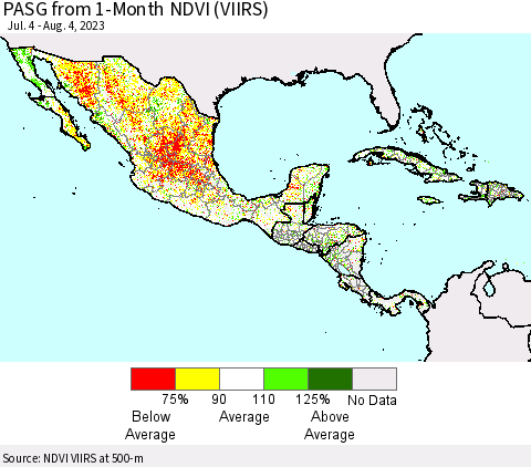 Mexico Central America and the Caribbean PASG from 1-Month NDVI (VIIRS) Thematic Map For 7/28/2023 - 8/4/2023