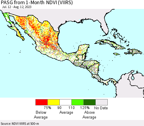 Mexico Central America and the Caribbean PASG from 1-Month NDVI (VIIRS) Thematic Map For 8/5/2023 - 8/12/2023