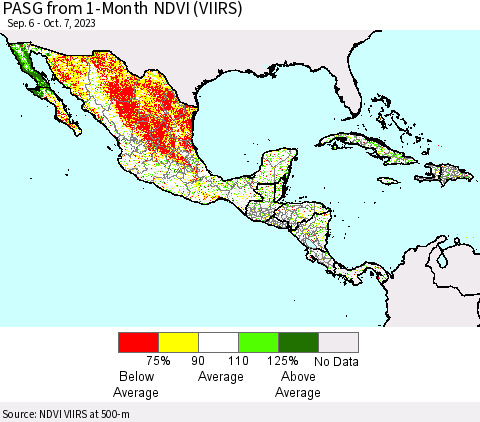 Mexico Central America and the Caribbean PASG from 1-Month NDVI (VIIRS) Thematic Map For 9/30/2023 - 10/7/2023