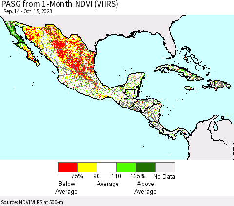 Mexico Central America and the Caribbean PASG from 1-Month NDVI (VIIRS) Thematic Map For 10/8/2023 - 10/15/2023
