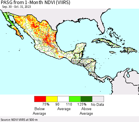 Mexico Central America and the Caribbean PASG from 1-Month NDVI (VIIRS) Thematic Map For 10/24/2023 - 10/31/2023