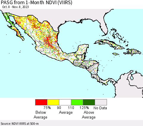 Mexico Central America and the Caribbean PASG from 1-Month NDVI (VIIRS) Thematic Map For 11/1/2023 - 11/8/2023