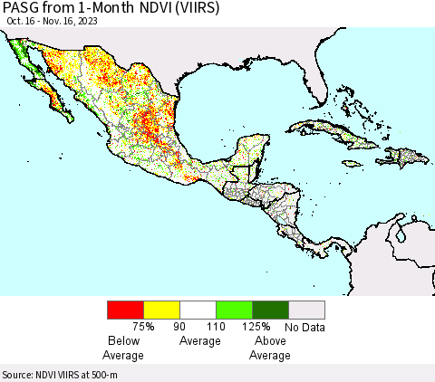 Mexico Central America and the Caribbean PASG from 1-Month NDVI (VIIRS) Thematic Map For 11/9/2023 - 11/16/2023