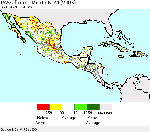 Mexico Central America and the Caribbean PASG from 1-Month NDVI (VIIRS) Thematic Map For 11/17/2023 - 11/24/2023