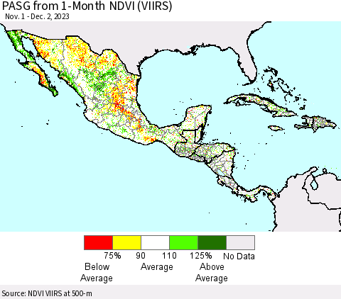 Mexico Central America and the Caribbean PASG from 1-Month NDVI (VIIRS) Thematic Map For 11/25/2023 - 12/2/2023