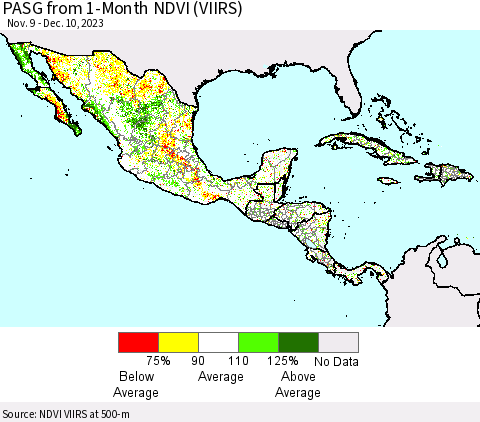Mexico Central America and the Caribbean PASG from 1-Month NDVI (VIIRS) Thematic Map For 12/3/2023 - 12/10/2023
