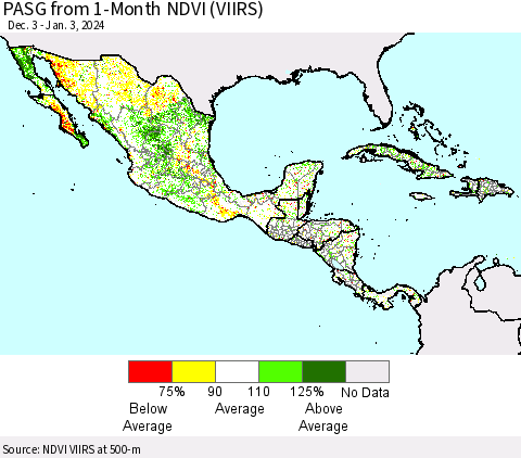 Mexico Central America and the Caribbean PASG from 1-Month NDVI (VIIRS) Thematic Map For 12/27/2023 - 1/3/2024