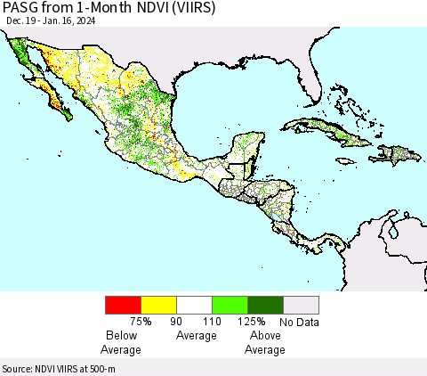 Mexico Central America and the Caribbean PASG from 1-Month NDVI (VIIRS) Thematic Map For 1/9/2024 - 1/16/2024