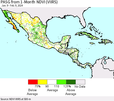 Mexico Central America and the Caribbean PASG from 1-Month NDVI (VIIRS) Thematic Map For 2/2/2024 - 2/9/2024