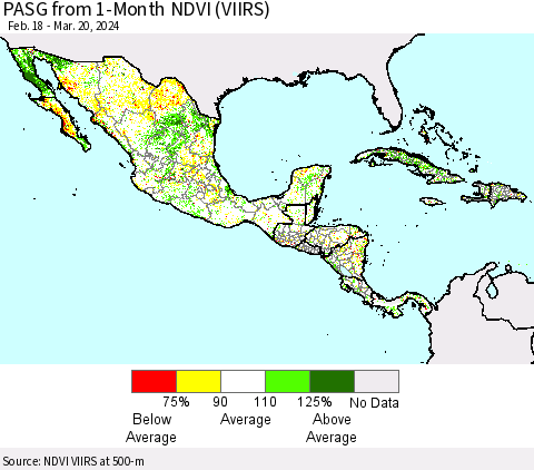 Mexico Central America and the Caribbean PASG from 1-Month NDVI (VIIRS) Thematic Map For 3/13/2024 - 3/20/2024
