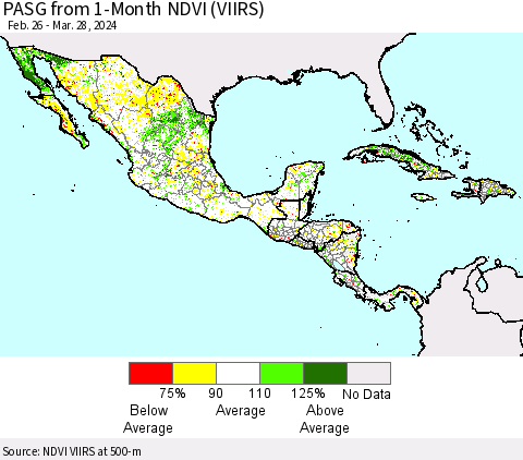 Mexico Central America and the Caribbean PASG from 1-Month NDVI (VIIRS) Thematic Map For 3/21/2024 - 3/28/2024