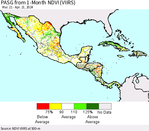 Mexico Central America and the Caribbean PASG from 1-Month NDVI (VIIRS) Thematic Map For 4/14/2024 - 4/21/2024