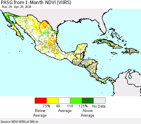 Mexico Central America and the Caribbean PASG from 1-Month NDVI (VIIRS) Thematic Map For 4/22/2024 - 4/29/2024