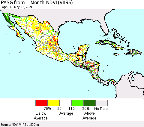 Mexico Central America and the Caribbean PASG from 1-Month NDVI (VIIRS) Thematic Map For 5/8/2024 - 5/15/2024