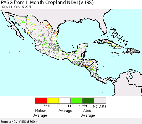 Mexico Central America and the Caribbean PASG from 1-Month Cropland NDVI (VIIRS) Thematic Map For 10/8/2021 - 10/15/2021