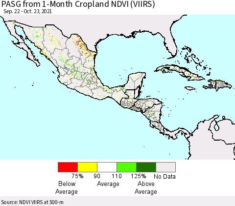 Mexico Central America and the Caribbean PASG from 1-Month Cropland NDVI (VIIRS) Thematic Map For 10/16/2021 - 10/23/2021