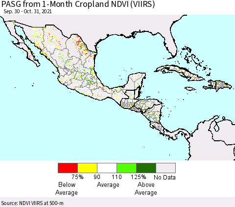Mexico Central America and the Caribbean PASG from 1-Month Cropland NDVI (VIIRS) Thematic Map For 10/24/2021 - 10/31/2021