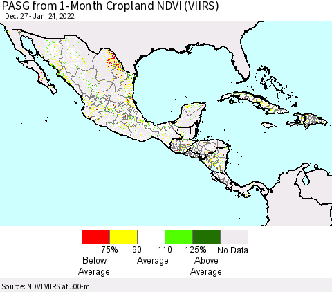 Mexico Central America and the Caribbean PASG from 1-Month Cropland NDVI (VIIRS) Thematic Map For 1/17/2022 - 1/24/2022