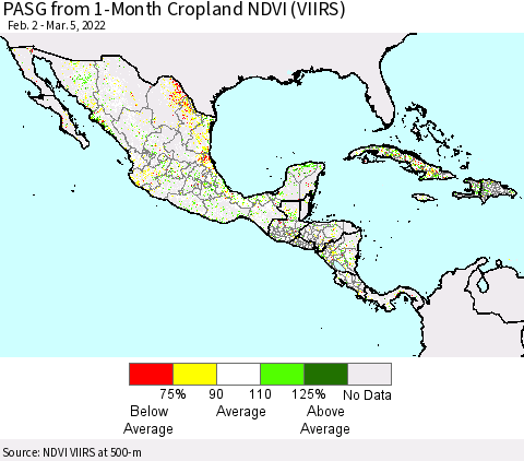 Mexico Central America and the Caribbean PASG from 1-Month Cropland NDVI (VIIRS) Thematic Map For 2/26/2022 - 3/5/2022