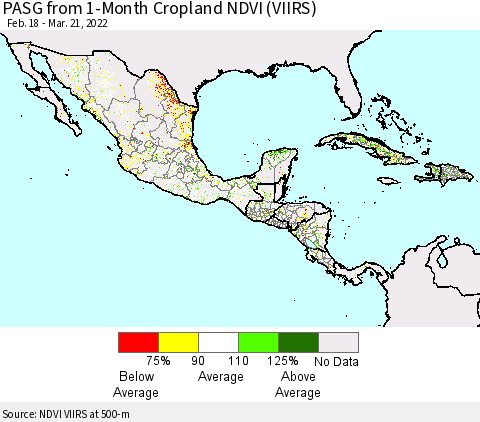 Mexico Central America and the Caribbean PASG from 1-Month Cropland NDVI (VIIRS) Thematic Map For 3/14/2022 - 3/21/2022