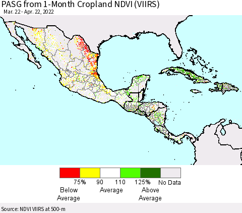 Mexico Central America and the Caribbean PASG from 1-Month Cropland NDVI (VIIRS) Thematic Map For 4/15/2022 - 4/22/2022