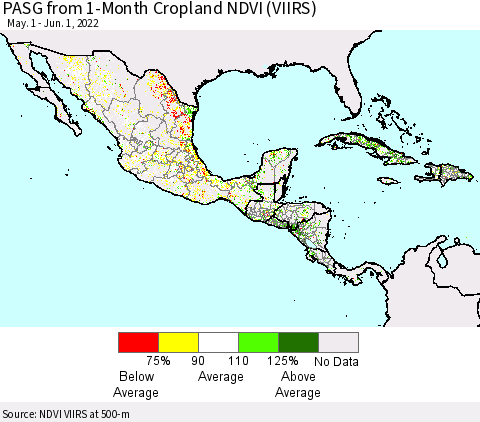 Mexico Central America and the Caribbean PASG from 1-Month Cropland NDVI (VIIRS) Thematic Map For 5/25/2022 - 6/1/2022