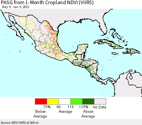 Mexico Central America and the Caribbean PASG from 1-Month Cropland NDVI (VIIRS) Thematic Map For 6/2/2022 - 6/9/2022