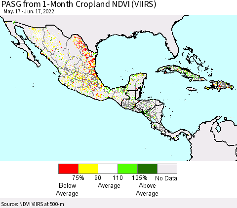Mexico Central America and the Caribbean PASG from 1-Month Cropland NDVI (VIIRS) Thematic Map For 6/10/2022 - 6/17/2022