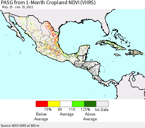 Mexico Central America and the Caribbean PASG from 1-Month Cropland NDVI (VIIRS) Thematic Map For 6/18/2022 - 6/25/2022