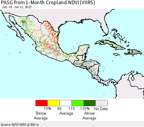 Mexico Central America and the Caribbean PASG from 1-Month Cropland NDVI (VIIRS) Thematic Map For 7/4/2022 - 7/11/2022