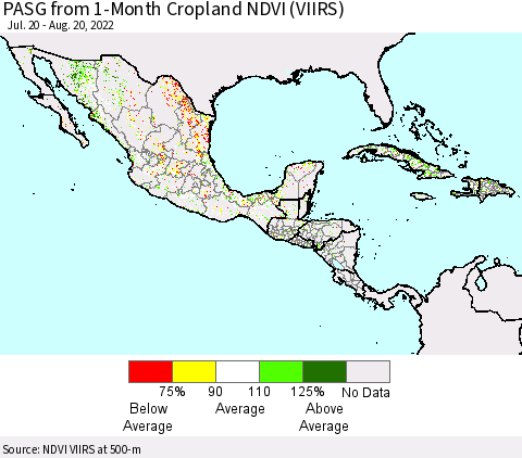 Mexico Central America and the Caribbean PASG from 1-Month Cropland NDVI (VIIRS) Thematic Map For 8/13/2022 - 8/20/2022