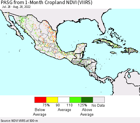 Mexico Central America and the Caribbean PASG from 1-Month Cropland NDVI (VIIRS) Thematic Map For 8/21/2022 - 8/28/2022