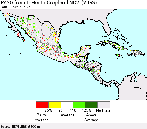 Mexico Central America and the Caribbean PASG from 1-Month Cropland NDVI (VIIRS) Thematic Map For 8/29/2022 - 9/5/2022