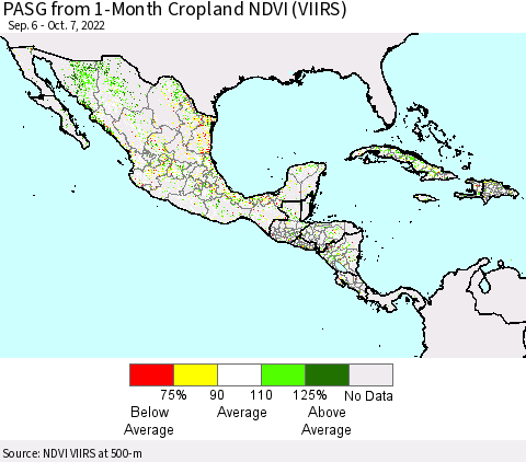 Mexico Central America and the Caribbean PASG from 1-Month Cropland NDVI (VIIRS) Thematic Map For 9/30/2022 - 10/7/2022