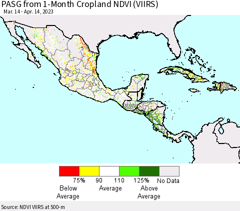 Mexico Central America and the Caribbean PASG from 1-Month Cropland NDVI (VIIRS) Thematic Map For 4/7/2023 - 4/14/2023