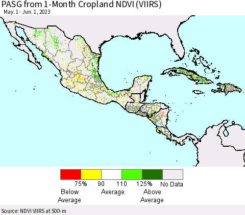 Mexico Central America and the Caribbean PASG from 1-Month Cropland NDVI (VIIRS) Thematic Map For 5/25/2023 - 6/1/2023