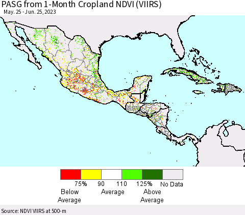 Mexico Central America and the Caribbean PASG from 1-Month Cropland NDVI (VIIRS) Thematic Map For 6/18/2023 - 6/25/2023