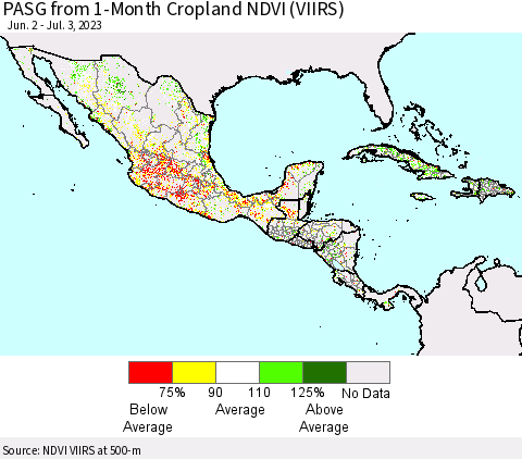 Mexico Central America and the Caribbean PASG from 1-Month Cropland NDVI (VIIRS) Thematic Map For 6/26/2023 - 7/3/2023
