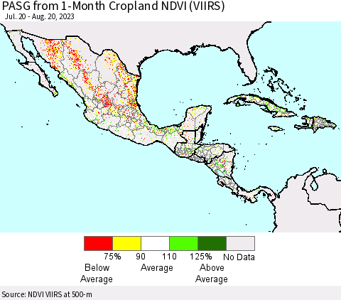 Mexico Central America and the Caribbean PASG from 1-Month Cropland NDVI (VIIRS) Thematic Map For 8/13/2023 - 8/20/2023