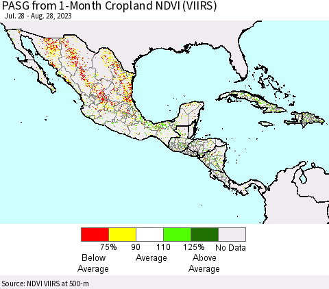 Mexico Central America and the Caribbean PASG from 1-Month Cropland NDVI (VIIRS) Thematic Map For 8/21/2023 - 8/28/2023