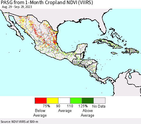 Mexico Central America and the Caribbean PASG from 1-Month Cropland NDVI (VIIRS) Thematic Map For 9/22/2023 - 9/29/2023