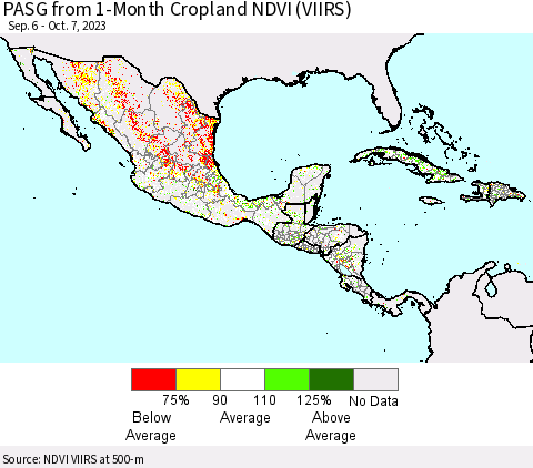 Mexico Central America and the Caribbean PASG from 1-Month Cropland NDVI (VIIRS) Thematic Map For 9/30/2023 - 10/7/2023