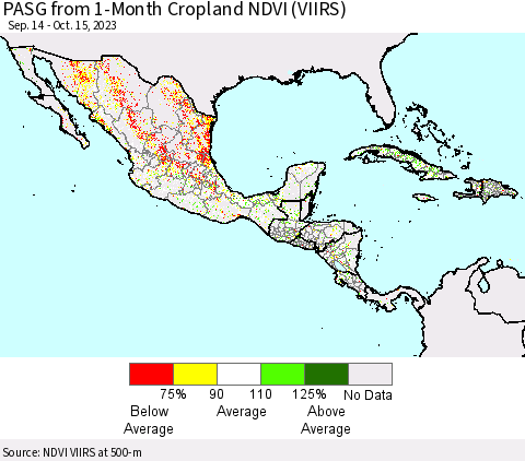 Mexico Central America and the Caribbean PASG from 1-Month Cropland NDVI (VIIRS) Thematic Map For 10/8/2023 - 10/15/2023