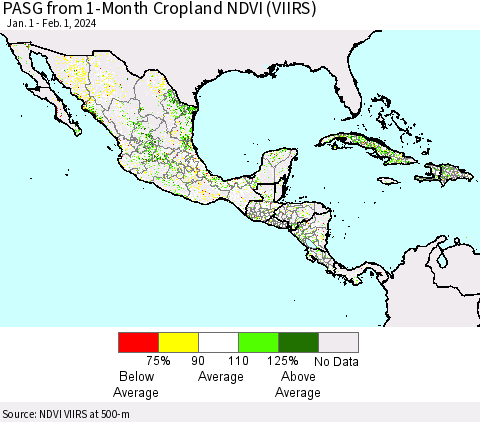 Mexico Central America and the Caribbean PASG from 1-Month Cropland NDVI (VIIRS) Thematic Map For 1/25/2024 - 2/1/2024