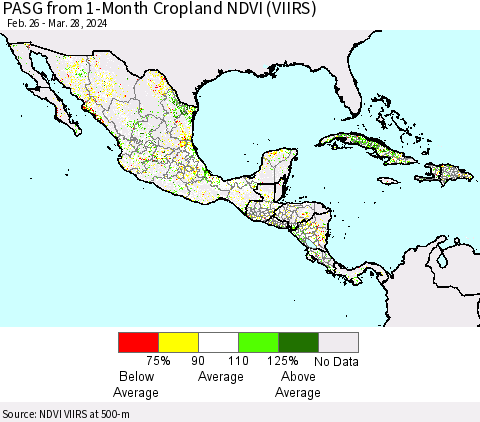 Mexico Central America and the Caribbean PASG from 1-Month Cropland NDVI (VIIRS) Thematic Map For 3/21/2024 - 3/28/2024