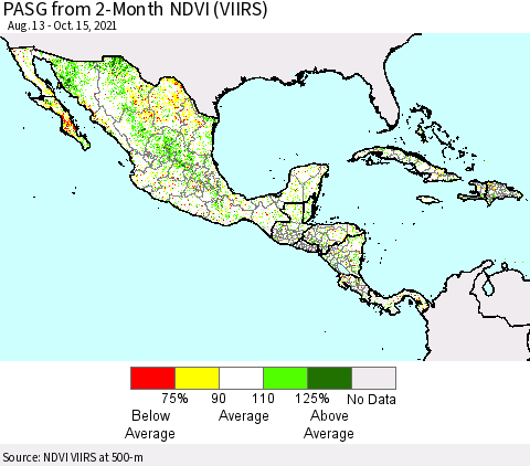Mexico Central America and the Caribbean PASG from 2-Month NDVI (VIIRS) Thematic Map For 10/8/2021 - 10/15/2021