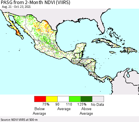 Mexico Central America and the Caribbean PASG from 2-Month NDVI (VIIRS) Thematic Map For 10/16/2021 - 10/23/2021